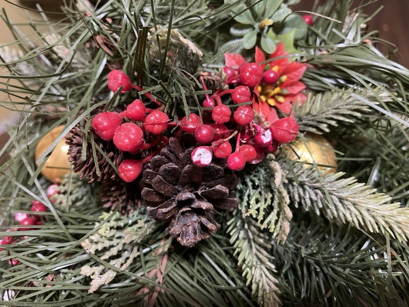 Festive Artificial Christmas Floral Arrangement In Small Round 6” Woven Basket gallery