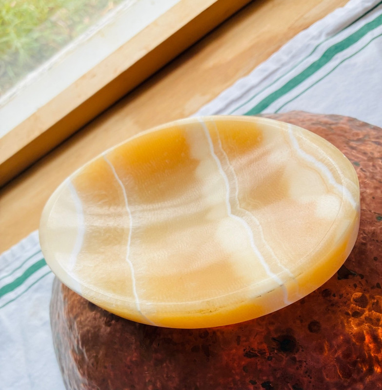 NATURAL ALABASTER Orange 6″Long HEAVY Vide Poche Trinket Soap Dish Egypt 3/4″H