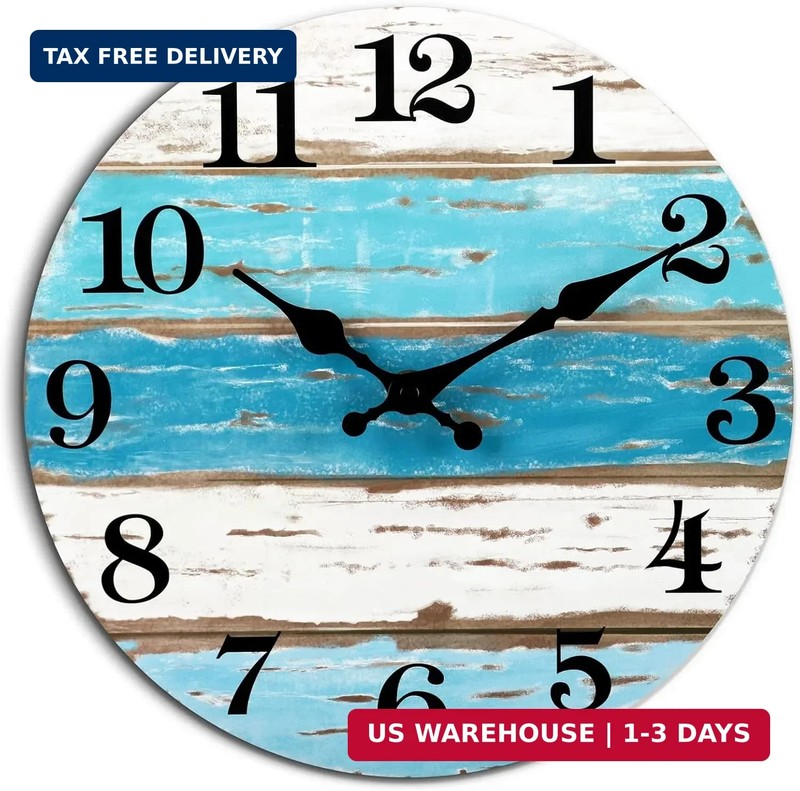 Wall Clock, Beach Themed Blue Wall Clocks Battery Operated Silent Non-Ticking
