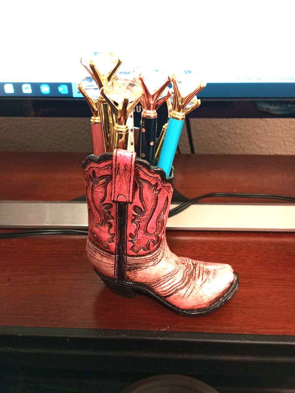 Pink Western Rustic Cowboy Cowgirl Hand Tooled Leather Look Boot Pen Holder gallery