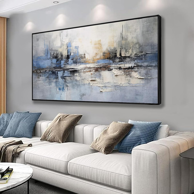 Large Blue and White Abstract Wall Art Framed Canvas for Home Decor 30″x60