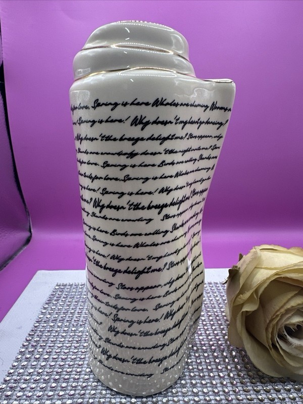 Ceramic Vase Script Scroll Design Gold Accent on Rim Beautiful!
