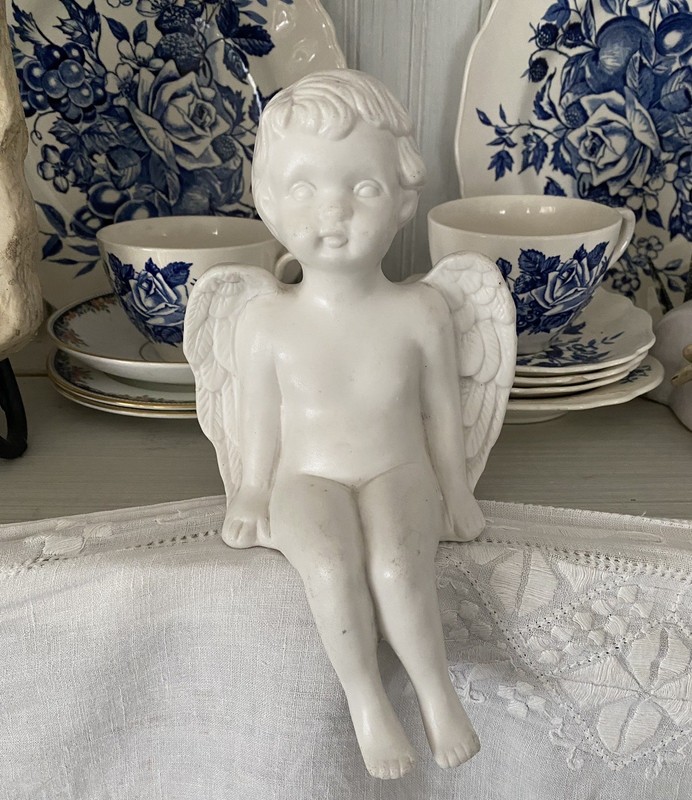 Vintage Ceramic Cherub Shelf Sitter Seated 10 X 3 Inches Tall. In Great Shape. gallery