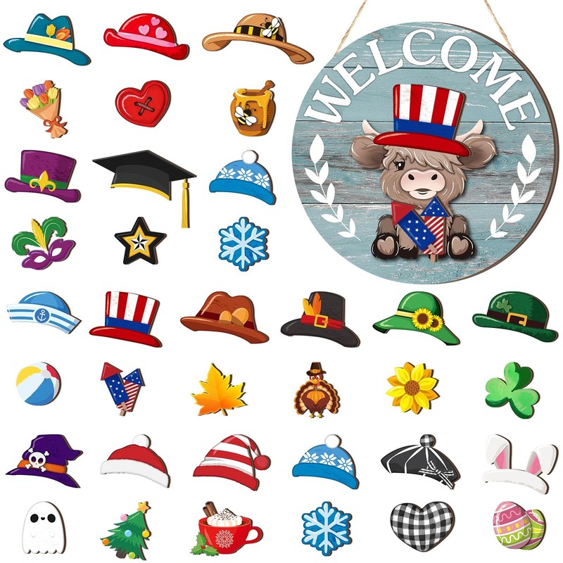 35 Pcs Patriotic Interchangeable Highland Cow Welcome Sign 4th of July Highla…