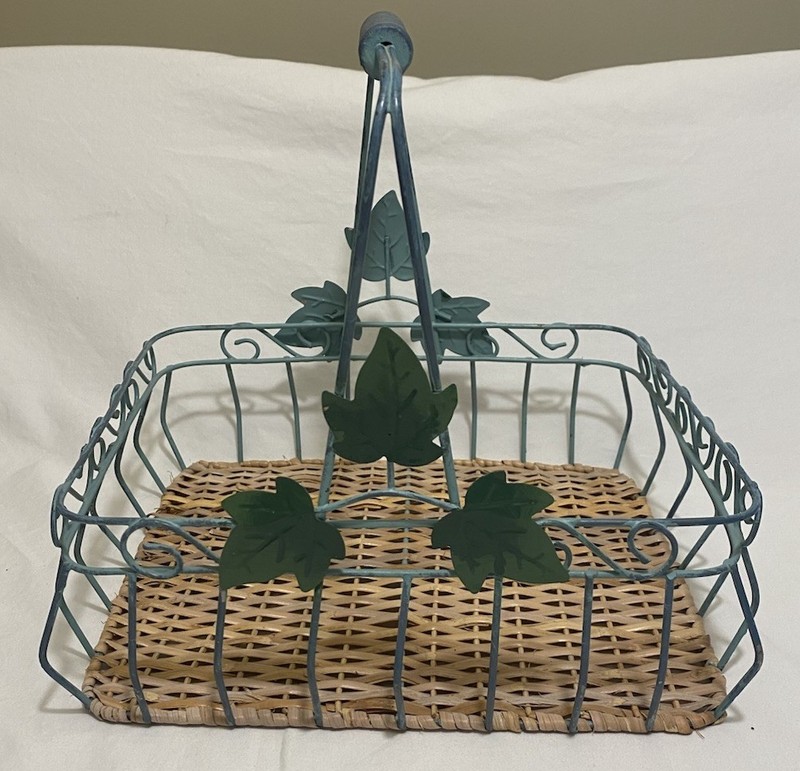 Rustic Green Metal Ivy Basket W/Wicker Bottom-Wooden Handle 11”x 9.5”x 9.5”