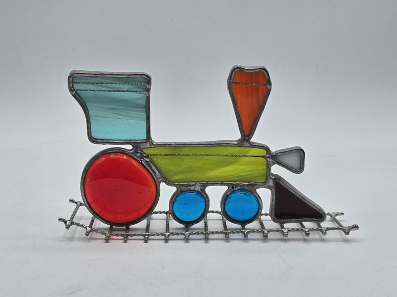 Handmade Suncatcher Stained Glass Train Engine On Metal Track