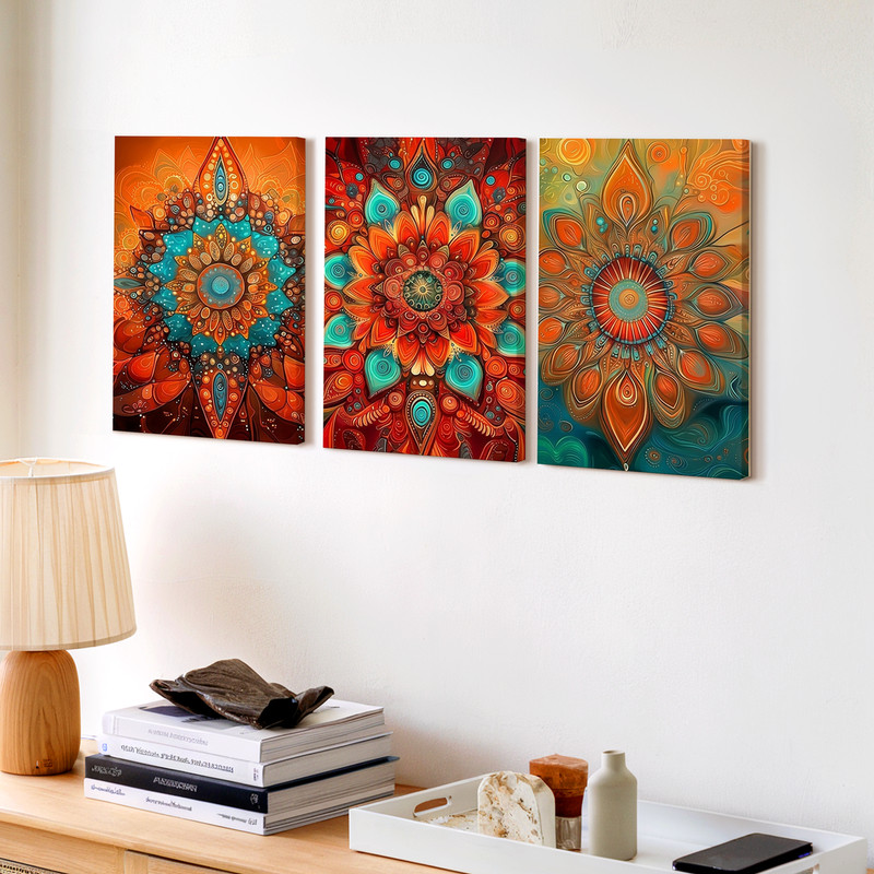 3 Pieces Vibrant Mandala Intricate Patterns Rich Large Wall Art for Set Of 3 gallery