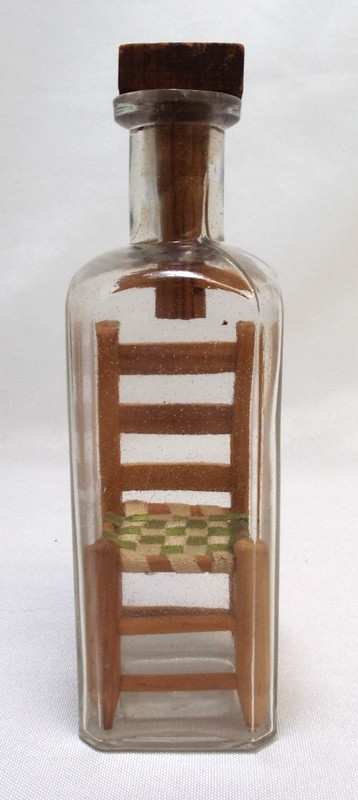 Vintage Chair In A Bottle Folk Art Green White Ribbon Seat Wood & Glass Whimsey