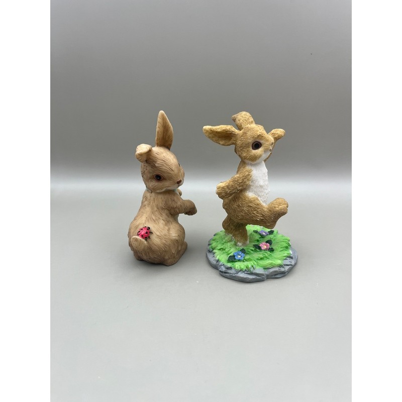 Vtg Style Resin Bunny Rabbit Figurines Ladybug Wildflower Set of 2 Decor 3.5" gallery