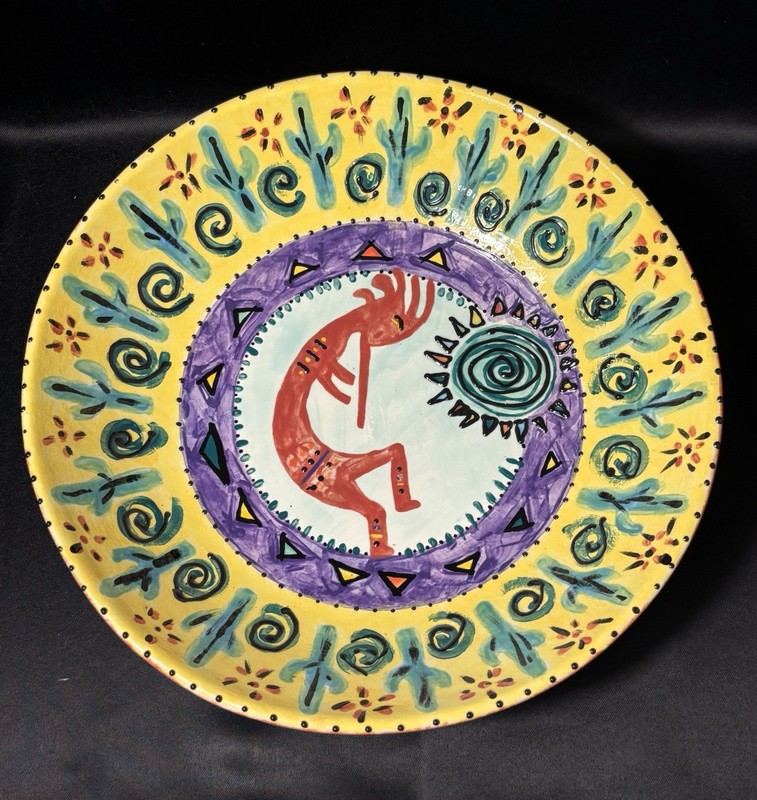 Kokopelli Bowl LARGE 15” Hand Painted Ceramic Glaze Gaetano USA Yellow READ