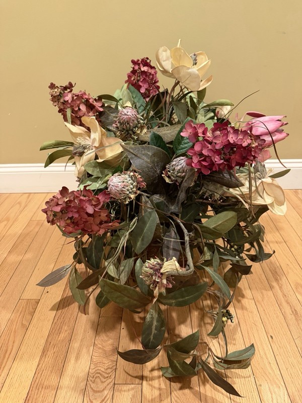 Vintage Artificial Flower Arrangement In Basket Foam Red White Green 25” X 23” gallery