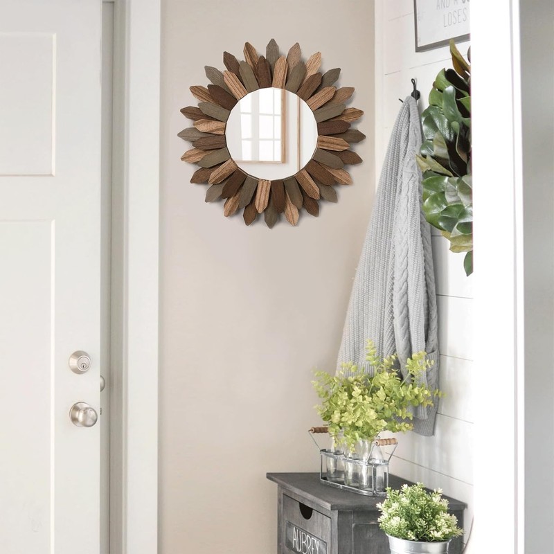 Boho Wall Decor 12 inch Decorative Mirror with Rustic Wood Sunburst Frame gallery