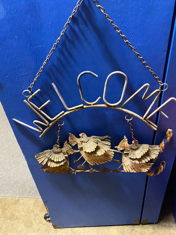 Vintage /Antique Wrought Iron & Metal Welcome Sign Flying Angels Hanging
