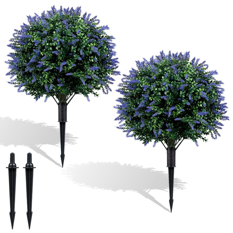 2Pack Artificial Lavender Boxwood Topiary Ball Trees, Faux Floral Shrubs, Patio