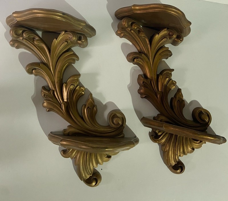 HOMCO Set Of 2 Vintage 70s Gold/Bronze Wall Sconces Or Shelves