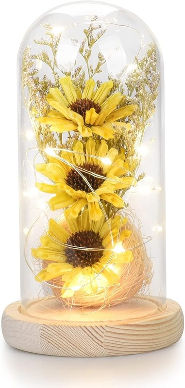 Sunflower Gifts for Women, Sunflowers Artificial Flowers in Glass Dome with L...