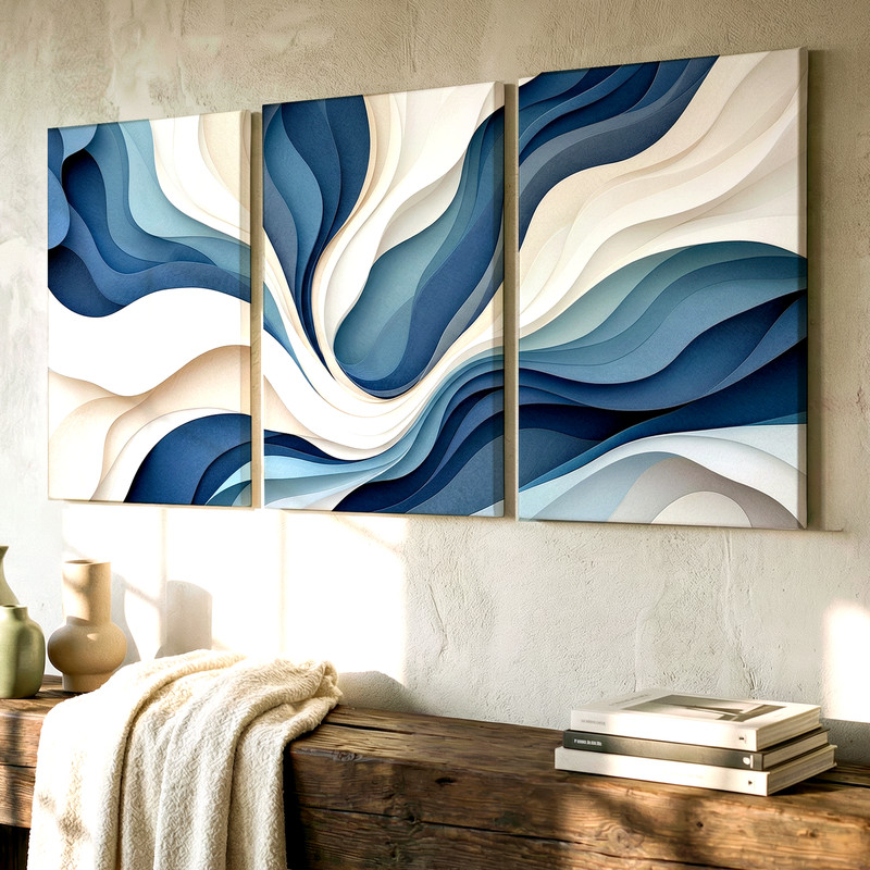 3 Pieces Abstract Blue Beige Waves Modern Large Wall Art for Living Set Of 3 gallery