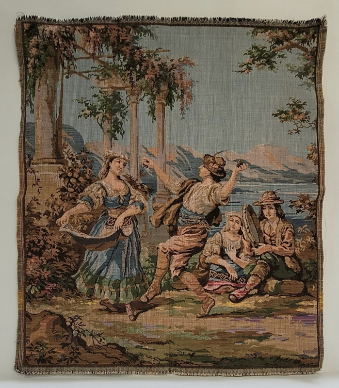 Vintage BELGIAN TAPESTRY – Dancing & Musician Couples – 19.75″ x 17″