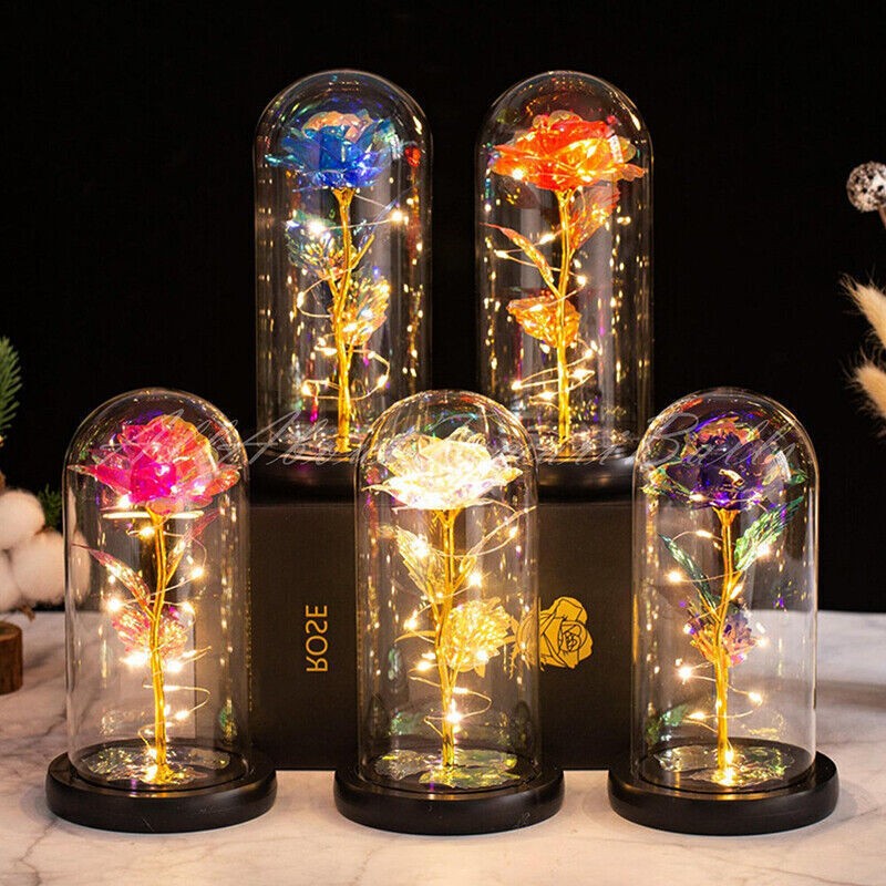 2 Pack LED Rose Flower Light Glass Dome Artificial Rose Night Lamp Gift gallery