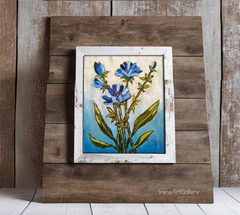 Chicory Botanical Oil Painting Original Floral Expressionist Art Blue Flower Wal gallery