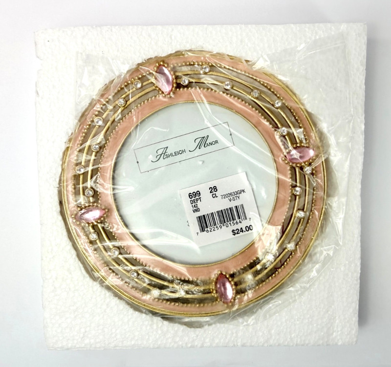 Ashleigh Manor Picture Frames Round Pink Enamel Rhinestones Gold Tone Metal VTG gallery
