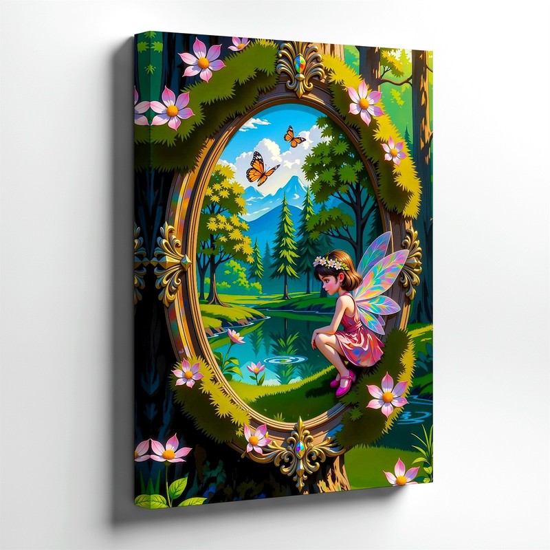 Wall Art Fairy Girl Forest Lake Mirror Flowers Butterflies Fantasy Canvas Print