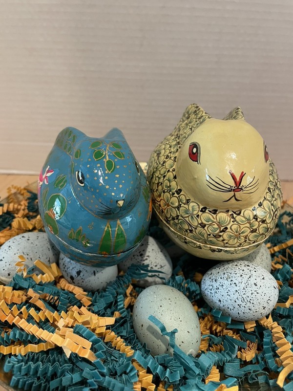 2 Vintage Papier Mache Rabbit Bunny Trinket Boxes Hand Painted Easter Basket