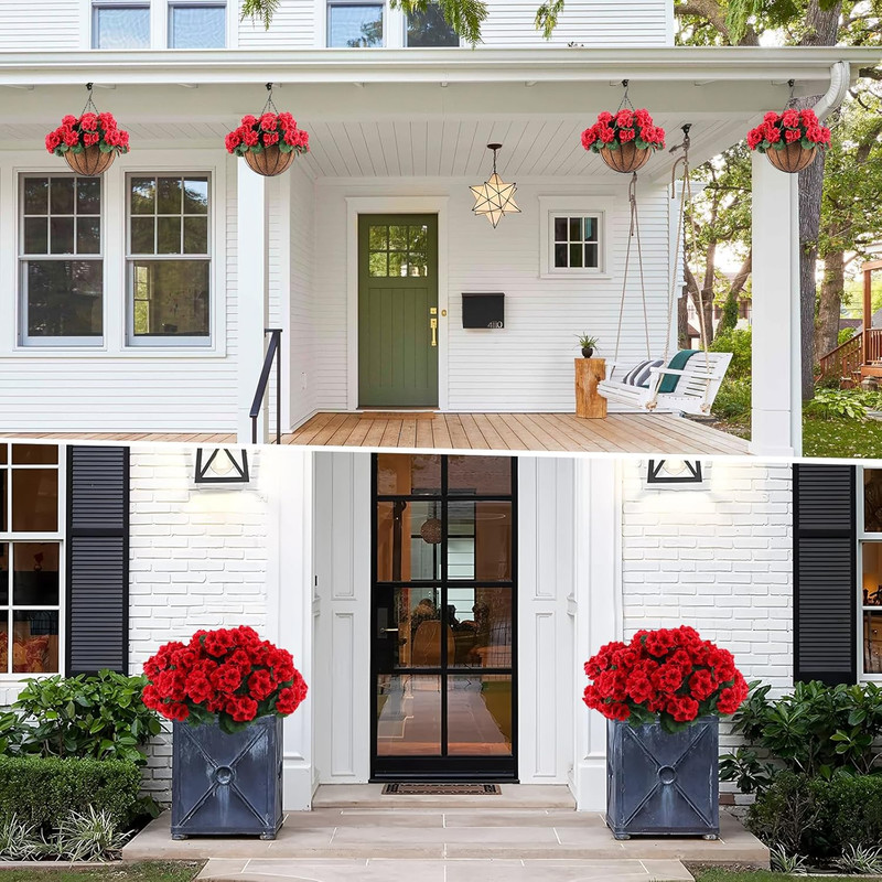 2 Set Artificial Red Geraniums Flowers for Outdoors with Hanging Baskets, 2 Hang gallery