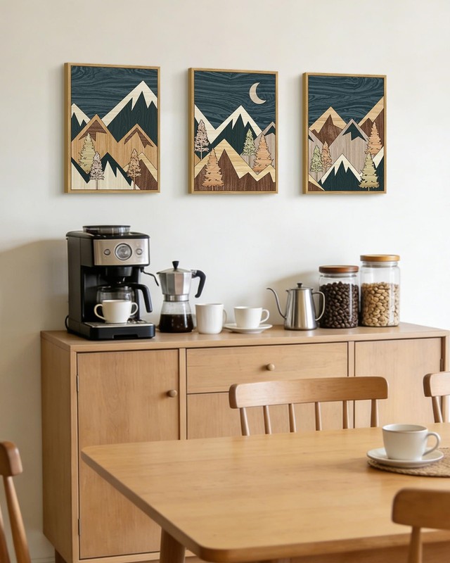 Blue Morden Mountains Framed Wall Art Boho Woodcut Pine Tree Forest Nature La... gallery