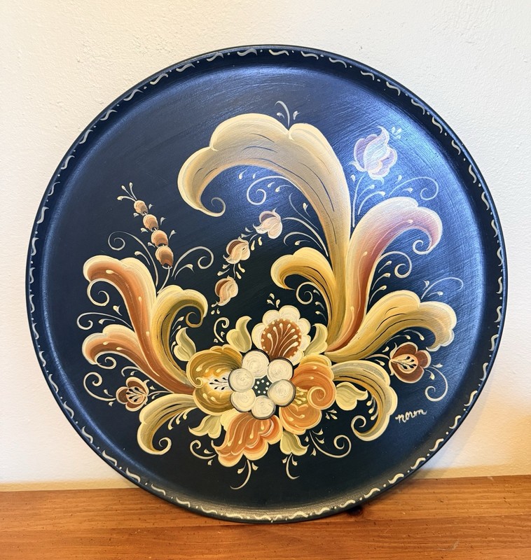15” Vintage Hand-Painted Norwegian Rosemaling Wooden Wall Plate Tray – Telemark