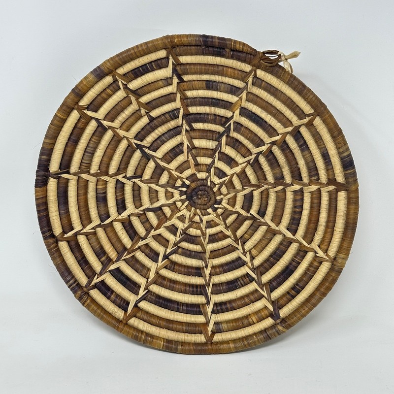 Hand Woven Coiled Grass Basket Bowl Wall Hanging Starburst Pattern Brown Tan 12″