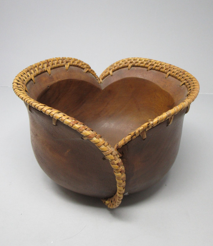 Unique Shape Solid Wood Bowl with Rattan Edging 8.5″ Wide x 5.5″ Deep