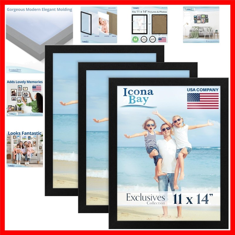 11×14 Picture Frames – Black, 3 Pack – Sturdy Wood Composite Photo Frames – S…