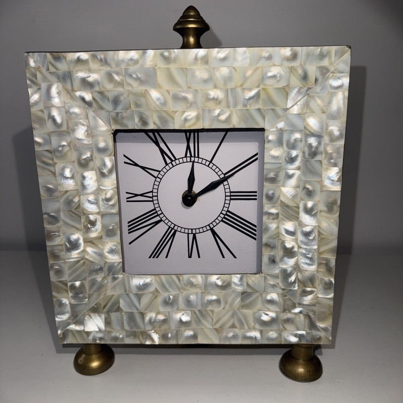 Pier 1 Imports Desk Clock Mother Of Pearl Tile Face 8”x10” Accurate See All Pics