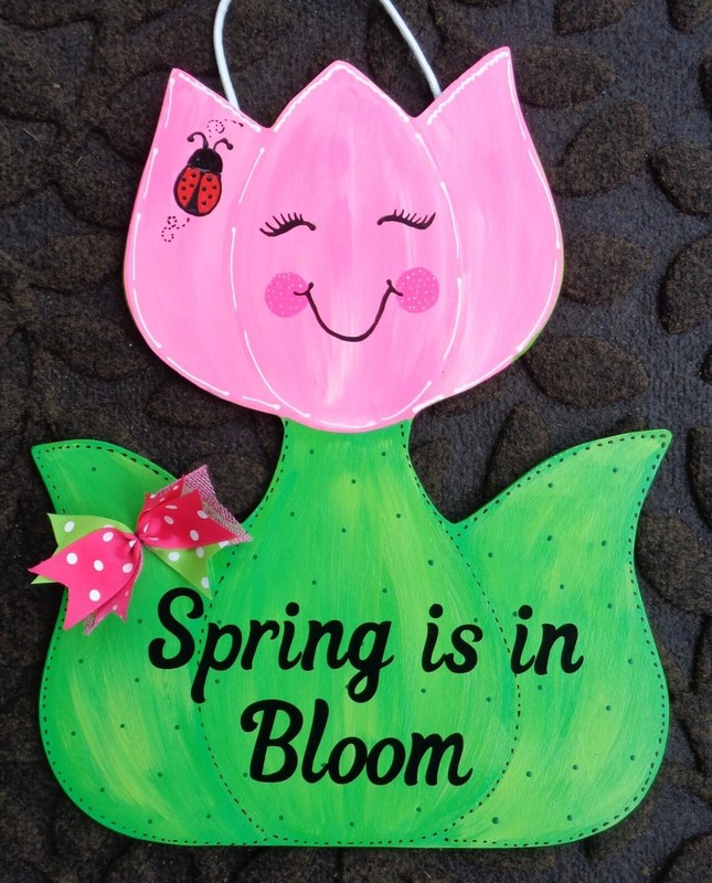 Spring is in Bloom Hot Pink Tulip Sign Wood Plaque Ladybug