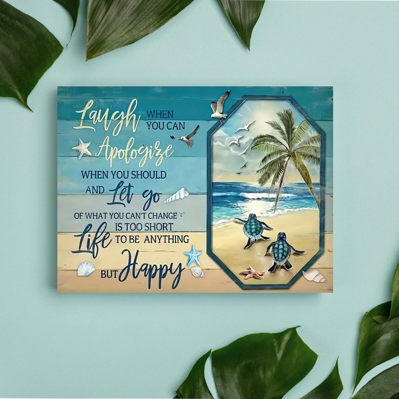 Life Is Too Short To Not Be Happy Beach Turtle Canvas Wall Art, Coastal Decor