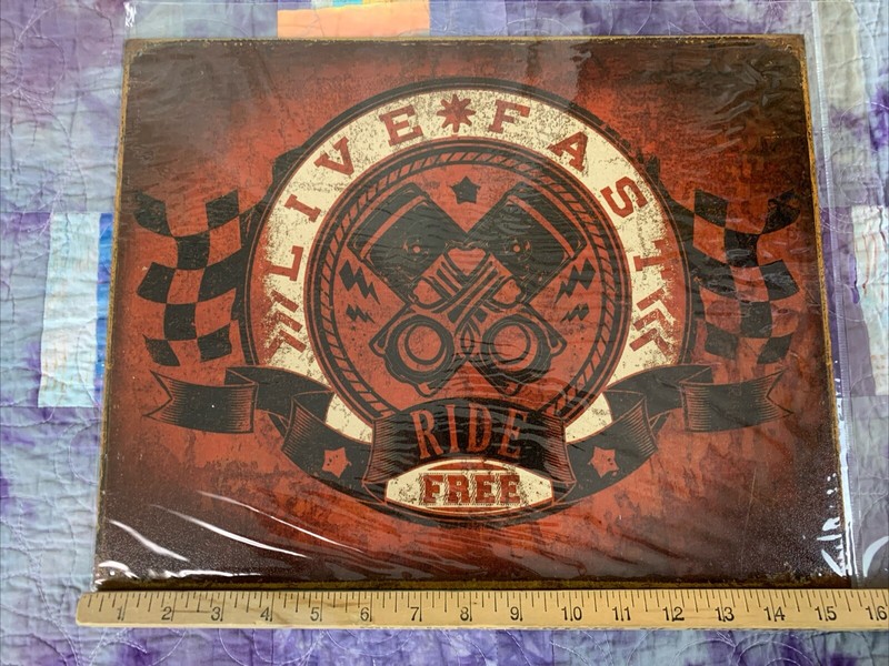 Live Fast Ride Free Engine Metal 16x12.5 Sign Wall Decor Shop Garage Man Cave gallery