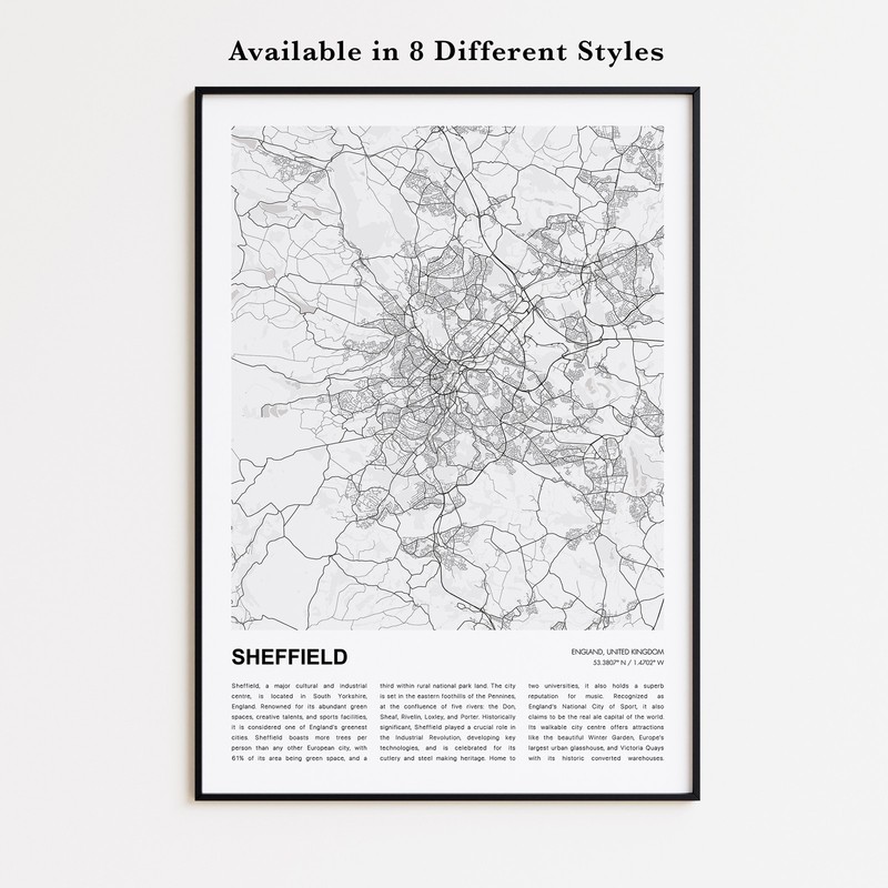 Sheffield City Map Print, England Travel Poster, Modern Map, Wall Decor Art