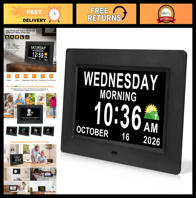 Large Digital Dementia Alarm Clock with Day & Date – 15 Alarms, 5 Colors, 7in Di