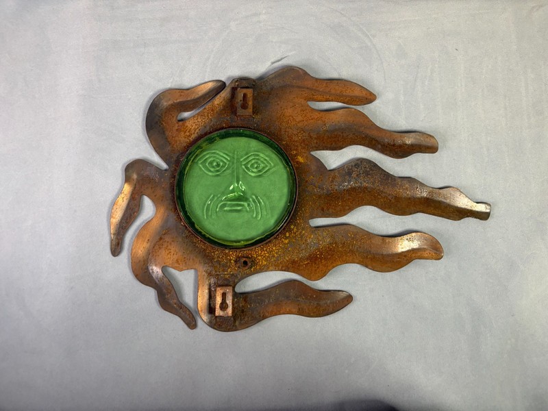 Rustic Steel Sun Wall Art with Green Embossed Glass Face 17x12 gallery