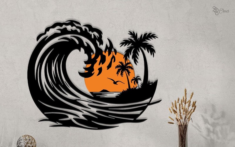 Sun and Ocean Wave Metal Wall Art, Multi Color Tropical Wall Art