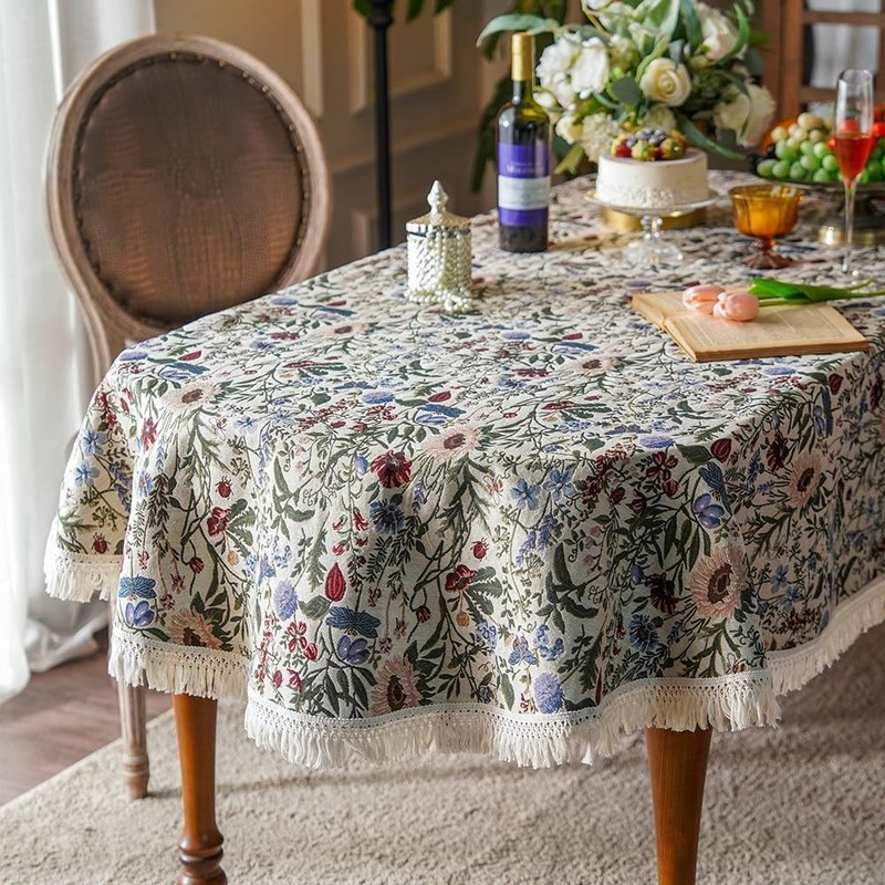 French Floral Tablecloth Hand-Made Cotton Fabric with Lace Vintage Berry Garden