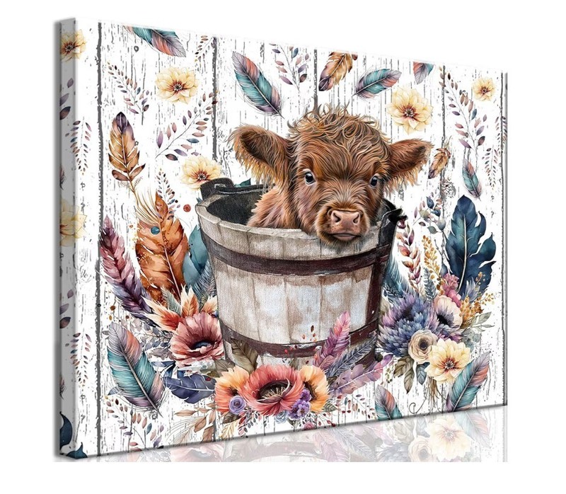 Cute Highland Cow Baby In Bucket Canvas Wall Art Ready To Hang 23 1/2×15 1/2 In