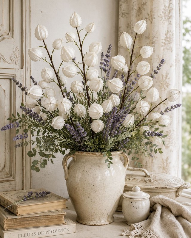 2 White Chinese Lantern Stems | 32 Inch Tall Decorative Botanical Branches | Far gallery