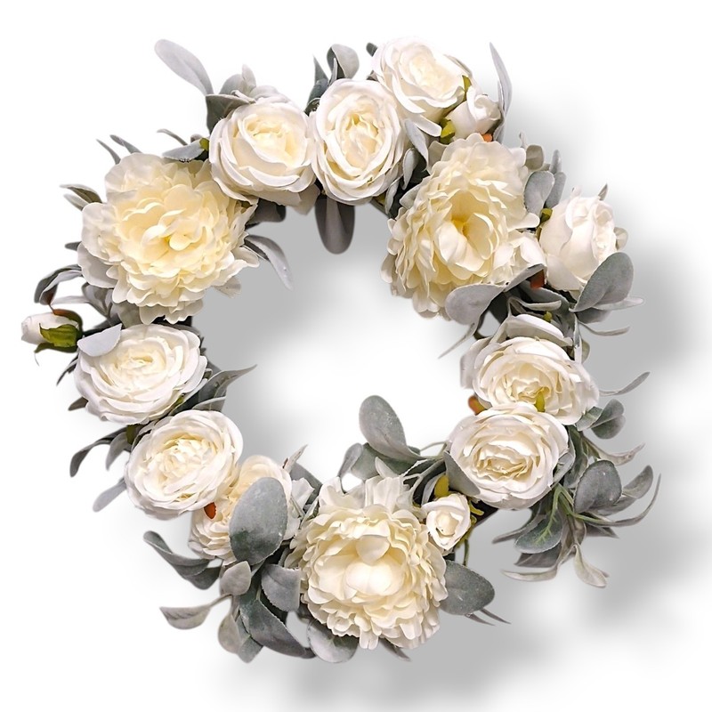 Gorgeous English White Roses & Sage Door Wreath 17″ Flower Elegant Summer Spring