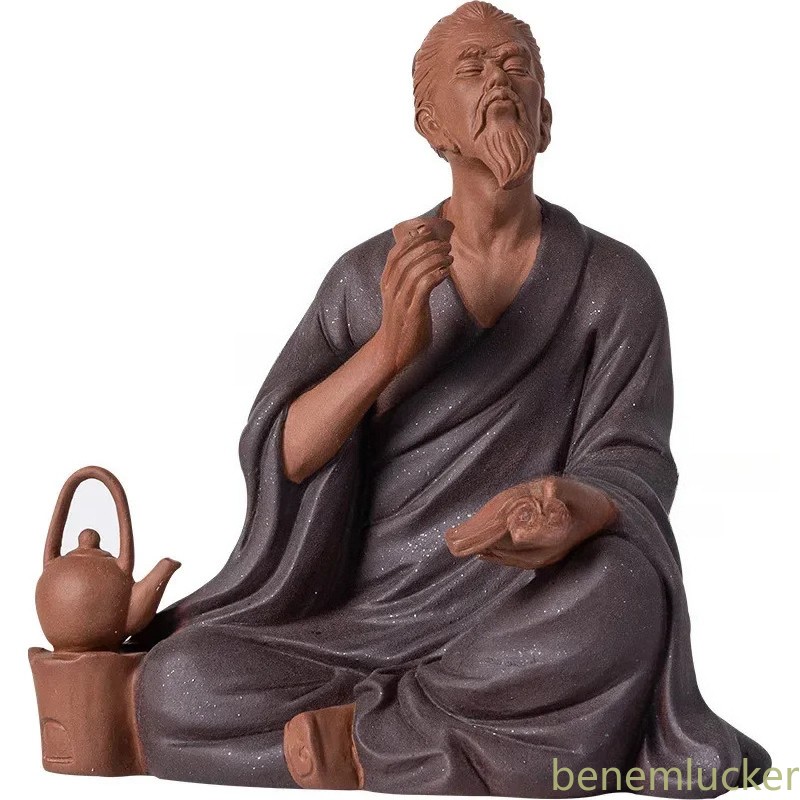 4.87″ Chinese Zen Purple Clay Historical Figures Tea Sage Lu Yu Statue Ornament