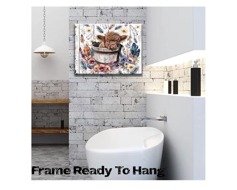 Cute Highland Cow Baby In Bucket Canvas Wall Art Ready To Hang 23 1/2×15 1/2 In gallery