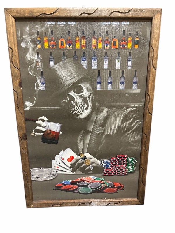Gambling Skull Framed Wall Art Poker Cards Chips Whiskey Man Cave Decor 36×24