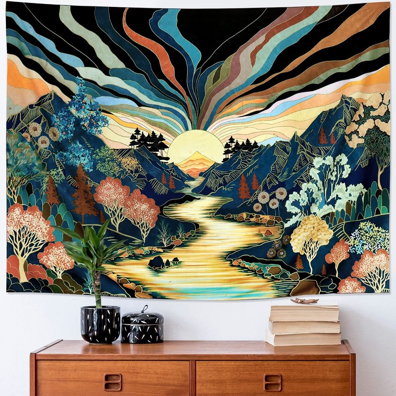 UV Reactive Blacklight Tapestry Forest Mountain Green Sun Poster Art 79"x59" gallery