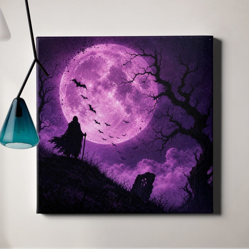 Cloaked Figure and Bats Wall Art Gothic Moon Dark Fantasy Scene